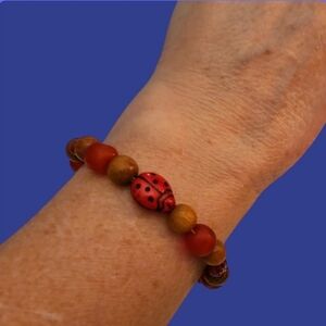 HANDMADE Fairycore Czech Glass Lady Bug African Wood Beaded Toggle Bracelet